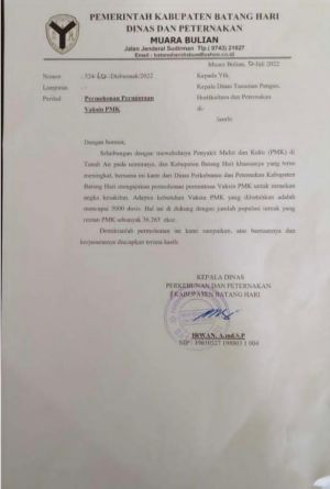 Pemkab Batanghari Butuh 5.000 Dosis PMK