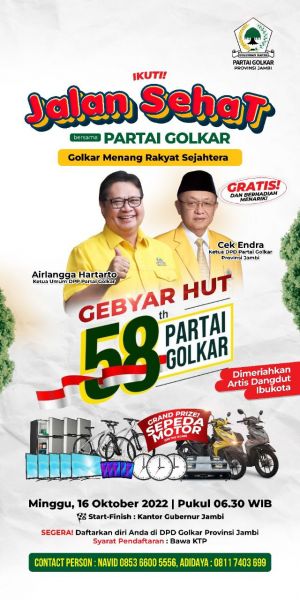 Jalan Sehat Golkar Jambi Siapkan 4 Unit Motor dan Hadiah Menarik Lainnya untuk Masyarakat 