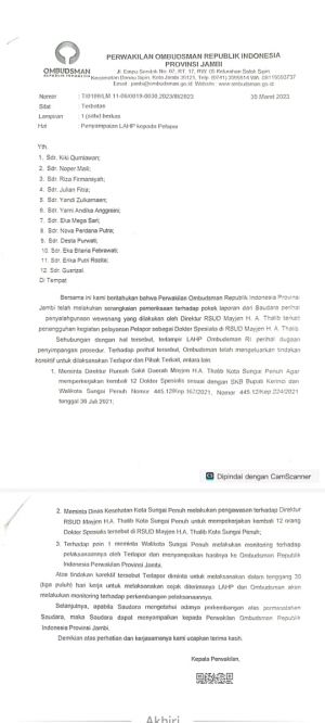 Hasil LAHP Ombudsman, Direktur RSUD MHA Thalib diminta Pekerjakan Kembali 12 Dokter Spesialis