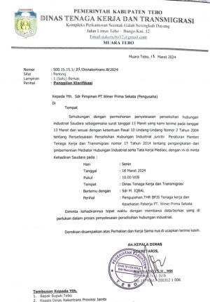 Tindaklanjuti Laporan Karyawan, Disnaker Tebo Segera Panggil PT Winner Prima Sekata