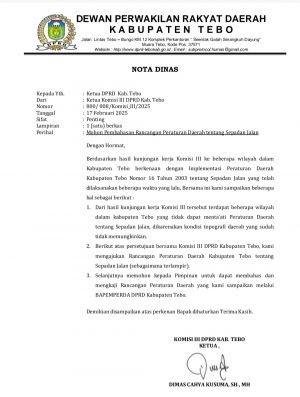 Komisi III Usulkan Rancangan Perda Sempadan Jalan kepada Pimpinan DPRD Tebo