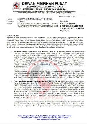 Dugaan Korupsi Didinas PU Tebo Dilimpahkan ke Kejari 