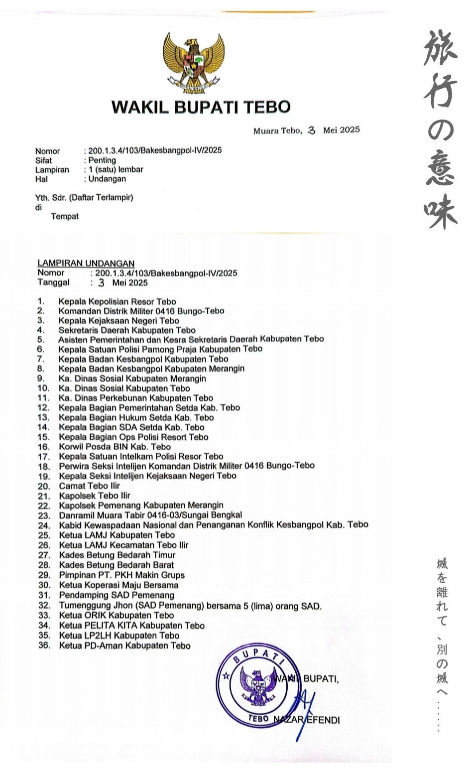 Tangkapan Layar Undangan Mediasi Penyelesaian Konflik SAD oleh Tim Terpadu Penanganan Konflik sosial Kabupaten Tebo