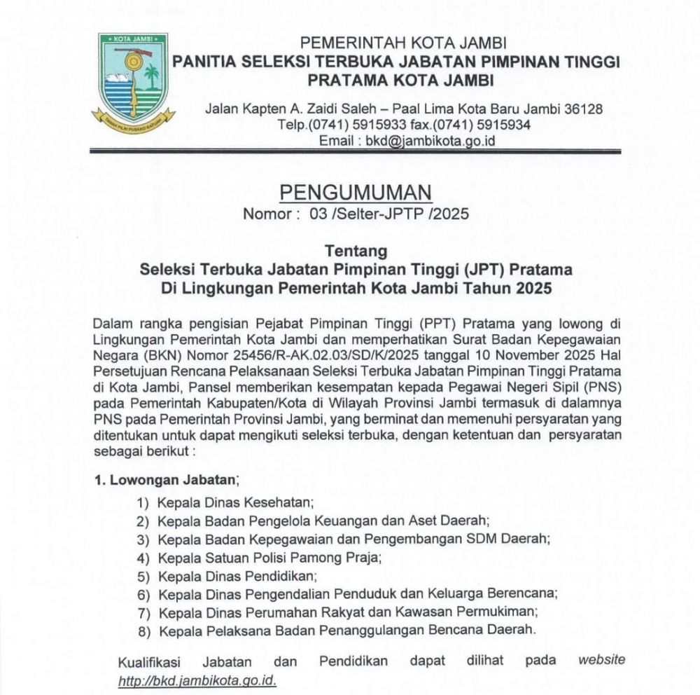 Pengumuman lelang jabatan Pemkot Jambi 2025.