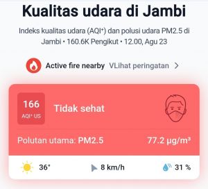 Jambi Waspada, 273 Hotspot Terdeteksi dan Udara Masuk Kategori Tidak Sehat
