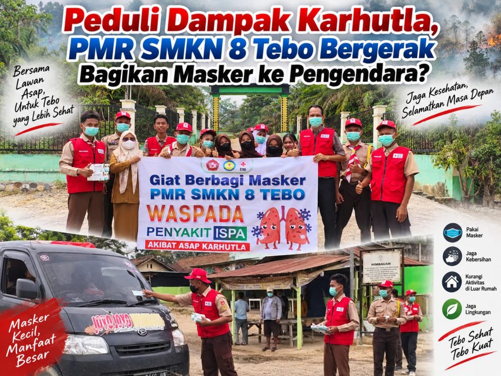 Peduli Dampak Asap Karhutla, PMR SMKN 8 Tebo Turun ke Jalan Bagikan Masker